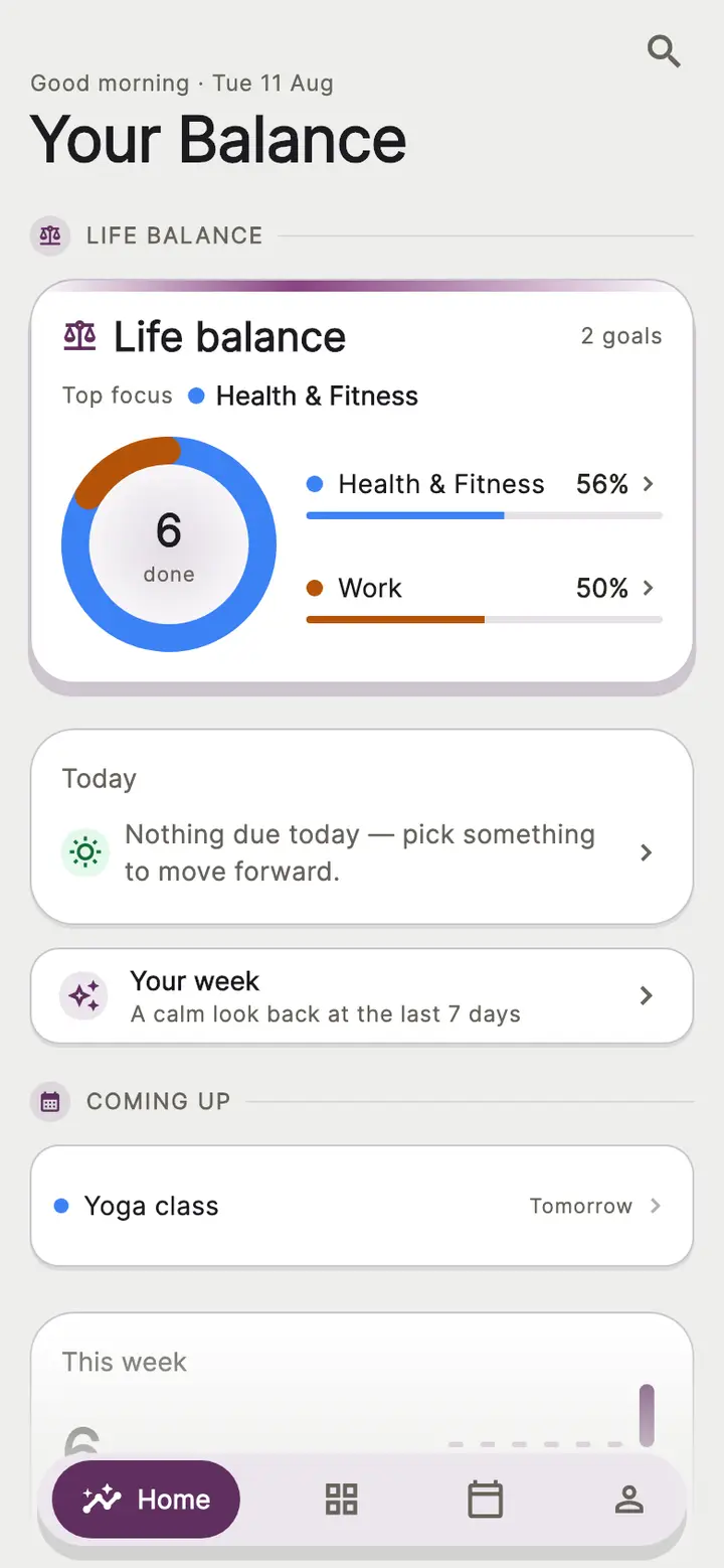 Momentum's Home screen, titled Your Balance, showing a Life Balance card with a progress ring reading 6 done and per-area bars for Health & Fitness and Work.
