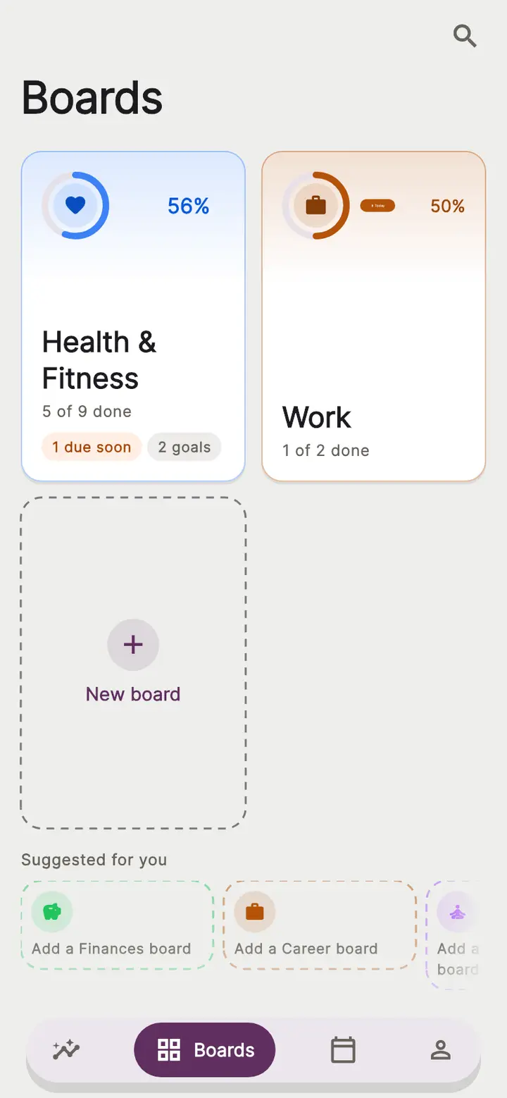 Momentum's Boards screen, a grid of coloured boards such as Health & Fitness and Work, each with its own icon and progress, plus a New board tile and suggested boards.