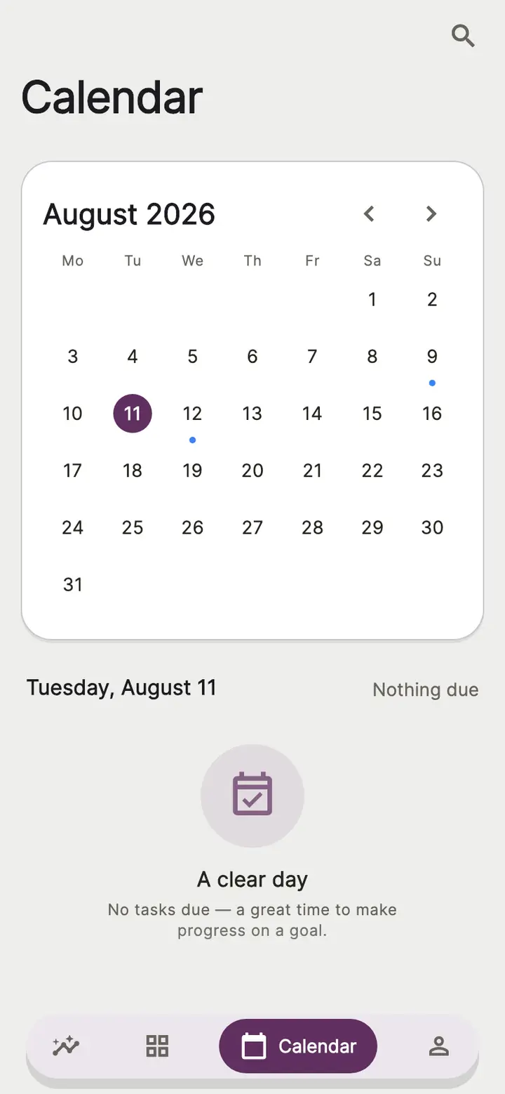 Momentum's Calendar screen showing a monthly view with dots marking days that have tasks due, and the selected day's agenda below.